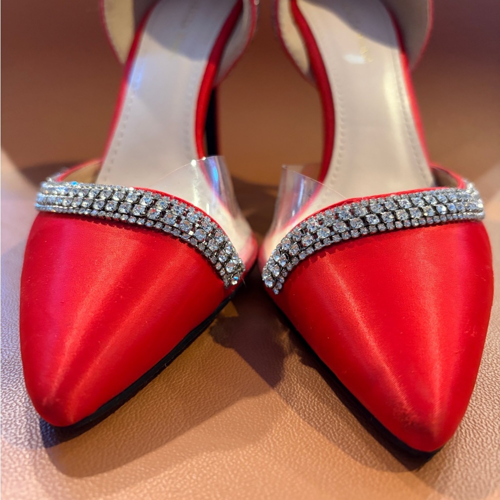 Elegant Red Satin Heels with Rhinestone Accents - Picture 2 of 12